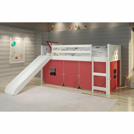 KD GABINETES PD-780ATW-R-785W Twin Size Circles Low Loft with Slide & Red Tent in White KD3728934